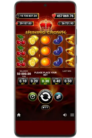 Main screen of the Shining Crown slot with reels